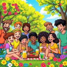 A vibrant and colorful scene featuring a group of diverse people, each showing expressive faces filled with joy and excitement