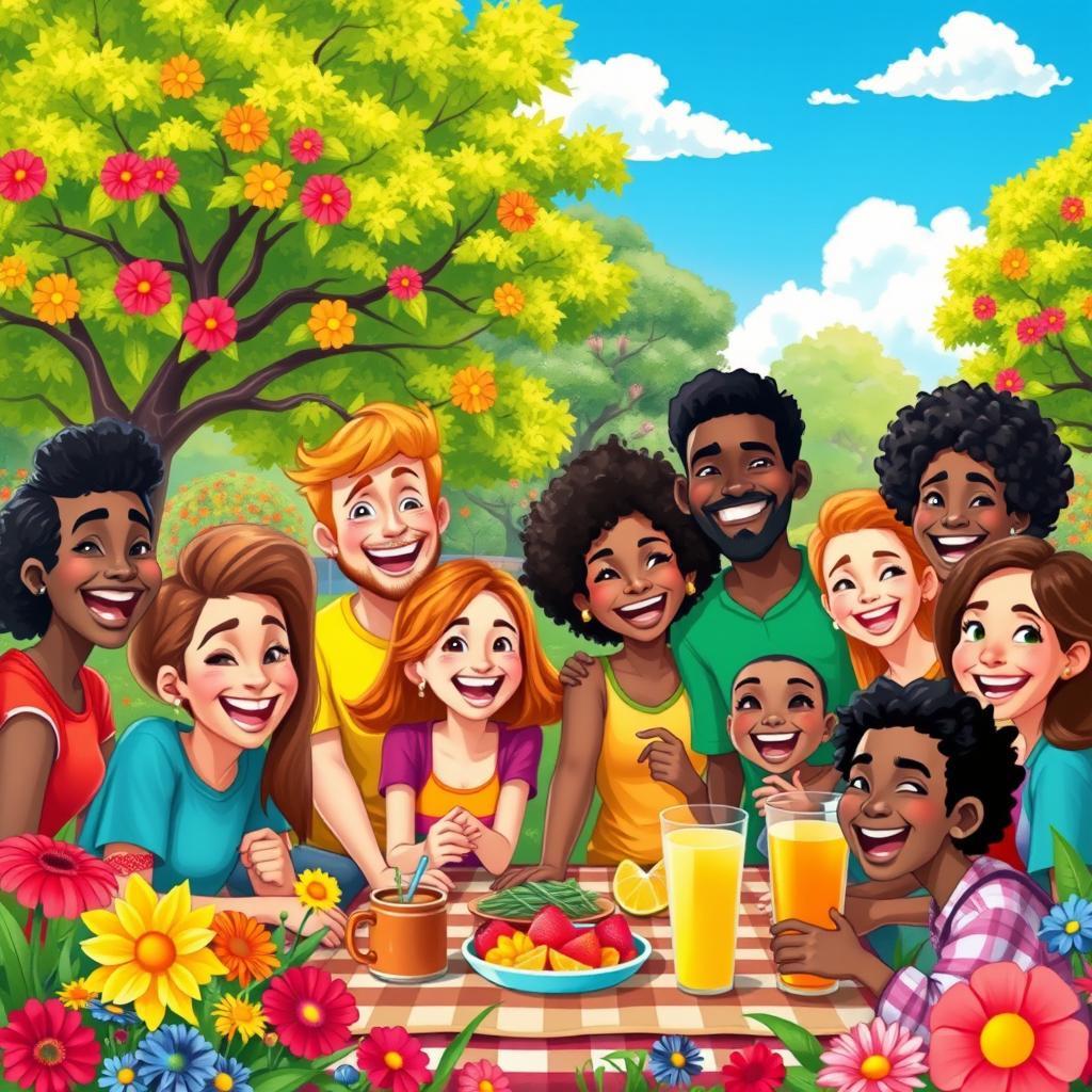 A vibrant and colorful scene featuring a group of diverse people, each showing expressive faces filled with joy and excitement