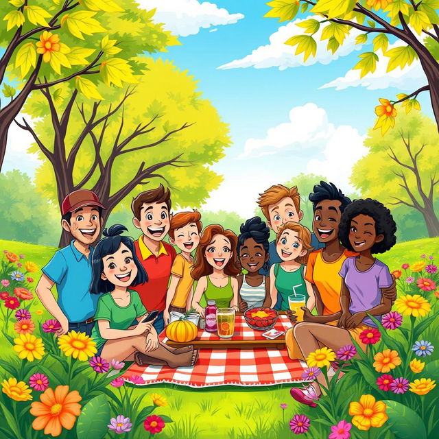 A vibrant and colorful scene featuring a group of diverse people, each showing expressive faces filled with joy and excitement