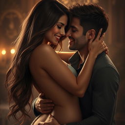 A sensual depiction of a beautiful, attractive woman and a man in an intimate embrace