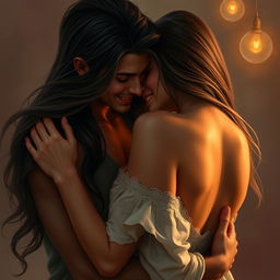 A sensual depiction of a beautiful, attractive woman and a man in an intimate embrace