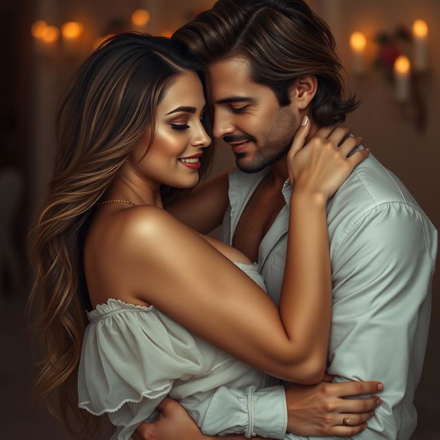 A sensual depiction of a beautiful, attractive woman and a man in an intimate embrace