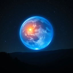 A surreal scene depicting the Iron Man reactor visually represented as a glowing moon in the night sky