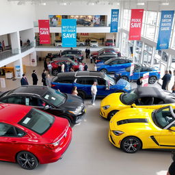 A vibrant car dealership filled with a variety of cars for sale, including a shiny red sedan, a blue SUV, and a sporty yellow convertible