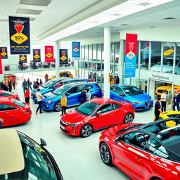 A vibrant car dealership filled with a variety of cars for sale, including a shiny red sedan, a blue SUV, and a sporty yellow convertible