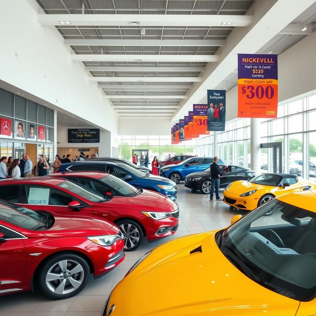 A vibrant car dealership filled with a variety of cars for sale, including a shiny red sedan, a blue SUV, and a sporty yellow convertible