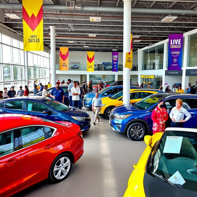 A vibrant car dealership filled with a variety of cars for sale, including a shiny red sedan, a blue SUV, and a sporty yellow convertible