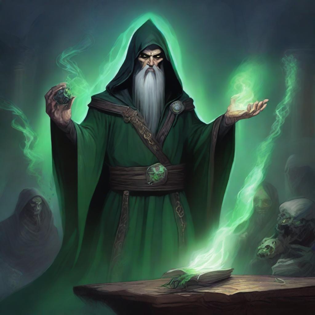 A high-quality digital art image presents a necromancy wizard from Dungeons and Dragons