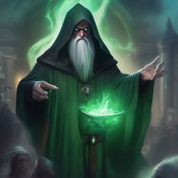 A high-quality digital art image presents a necromancy wizard from Dungeons and Dragons