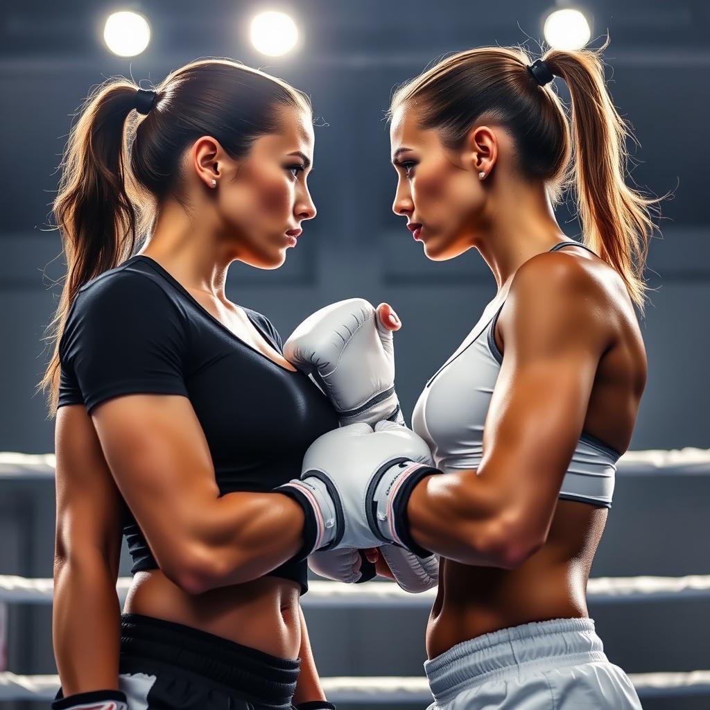 Two fierce female boxers in an intense face-off, their bodies slightly leaning towards each other with their breasts touching