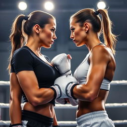 Two fierce female boxers in an intense face-off, their bodies slightly leaning towards each other with their breasts touching