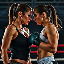 Two fierce female boxers in an intense face-off, their bodies slightly leaning towards each other with their breasts touching