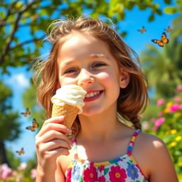 A joyful young girl with brown hair enjoying a vanilla ice cream cone on a sunny day, wearing a colorful summer dress