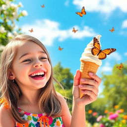 A joyful young girl with brown hair enjoying a vanilla ice cream cone on a sunny day, wearing a colorful summer dress