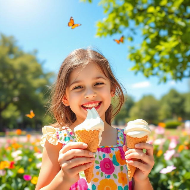 A joyful young girl with brown hair enjoying a vanilla ice cream cone on a sunny day, wearing a colorful summer dress