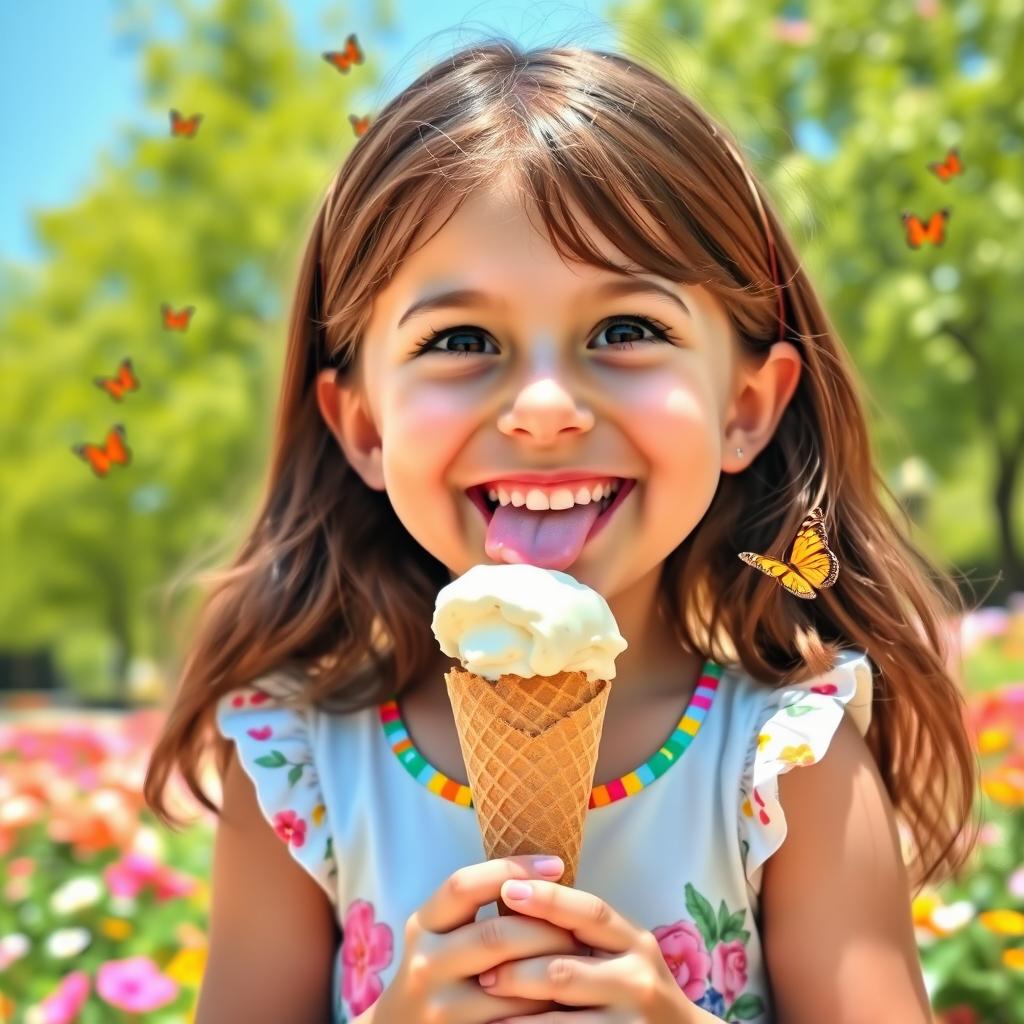 A joyful young girl with brown hair enjoying a vanilla ice cream cone on a sunny day, wearing a colorful summer dress