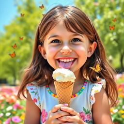 A joyful young girl with brown hair enjoying a vanilla ice cream cone on a sunny day, wearing a colorful summer dress