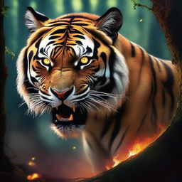 A hyper-realistic image showcasing a mythological tiger monster, its eyes glowing with an eerie light, prowling through a forest ablaze