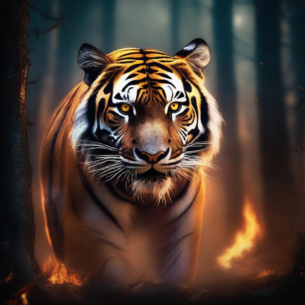 A hyper-realistic image showcasing a mythological tiger monster, its eyes glowing with an eerie light, prowling through a forest ablaze