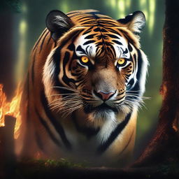 A hyper-realistic image showcasing a mythological tiger monster, its eyes glowing with an eerie light, prowling through a forest ablaze