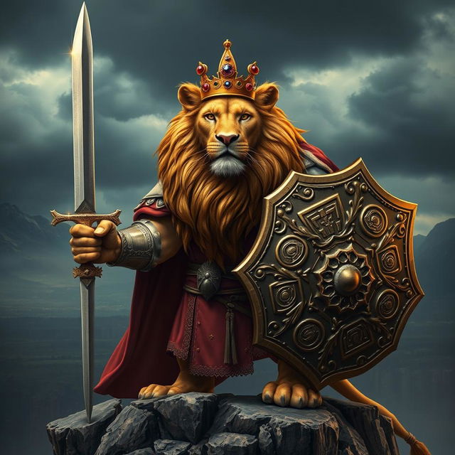 A majestic lion dressed in regal armor, resembling a king preparing for battle