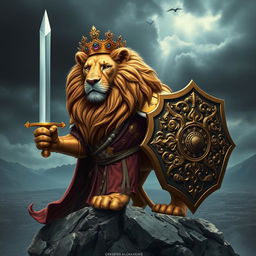 A majestic lion dressed in regal armor, resembling a king preparing for battle