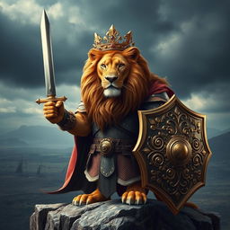 A majestic lion dressed in regal armor, resembling a king preparing for battle