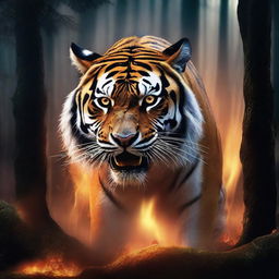 A hyper-realistic image showcasing a mythological tiger monster, its eyes glowing with an eerie light, prowling through a forest ablaze