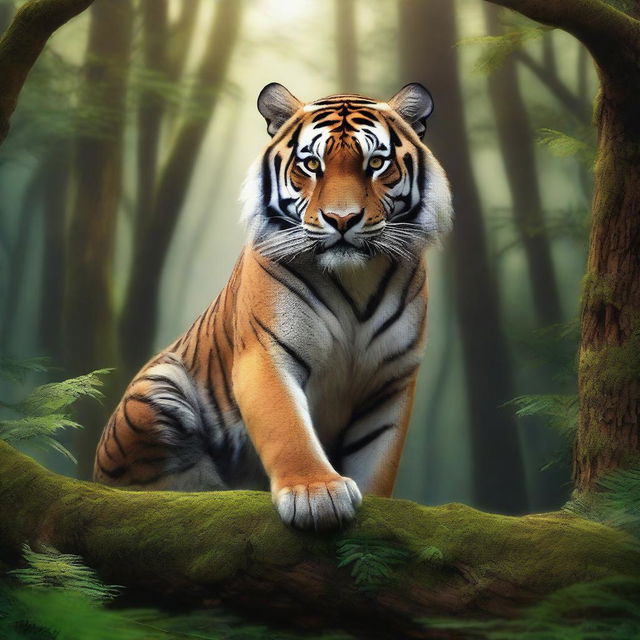 An image of a majestic, colossal tiger with a spiked back, standing in the heart of a mystical fantasy forest