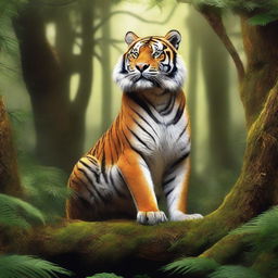 An image of a majestic, colossal tiger with a spiked back, standing in the heart of a mystical fantasy forest