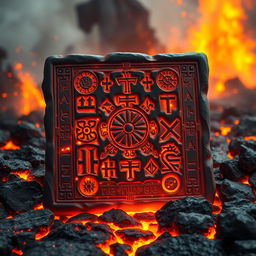 A mystical lava ivory tablet, intricately carved with ancient symbols and glowing runes, set against a dramatic volcanic landscape