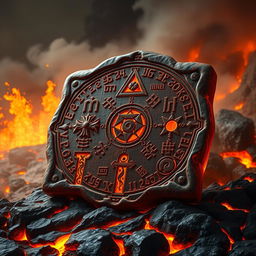 A mystical lava ivory tablet, intricately carved with ancient symbols and glowing runes, set against a dramatic volcanic landscape