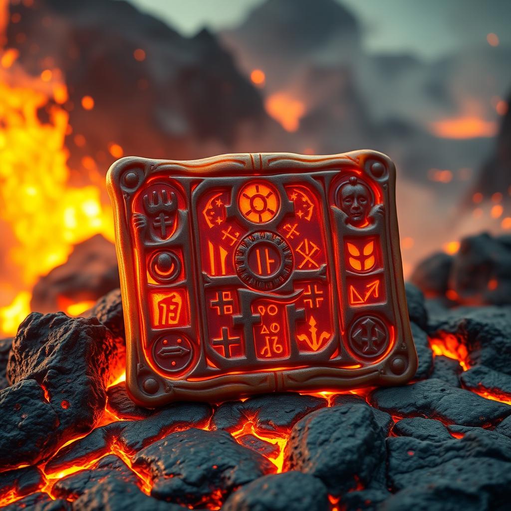 A mystical lava ivory tablet, intricately carved with ancient symbols and glowing runes, set against a dramatic volcanic landscape