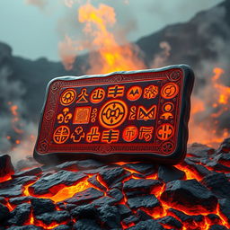 A mystical lava ivory tablet, intricately carved with ancient symbols and glowing runes, set against a dramatic volcanic landscape