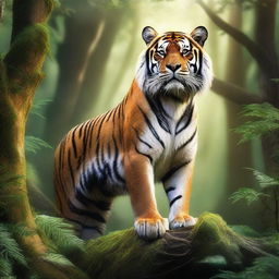 An image of a majestic, colossal tiger with a spiked back, standing in the heart of a mystical fantasy forest