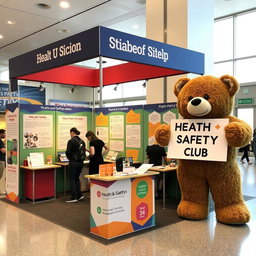 A creative and innovative university booth designed to promote the Health and Safety Club, featuring a large teddy bear on the right holding a sign for the club