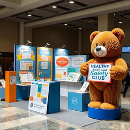 A creative and innovative university booth designed to promote the Health and Safety Club, featuring a large teddy bear on the right holding a sign for the club