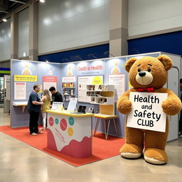 A creative and innovative university booth designed to promote the Health and Safety Club, featuring a large teddy bear on the right holding a sign for the club