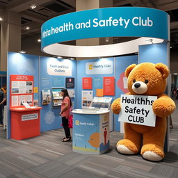 A creative and innovative university booth designed to promote the Health and Safety Club, featuring a large teddy bear on the right holding a sign for the club