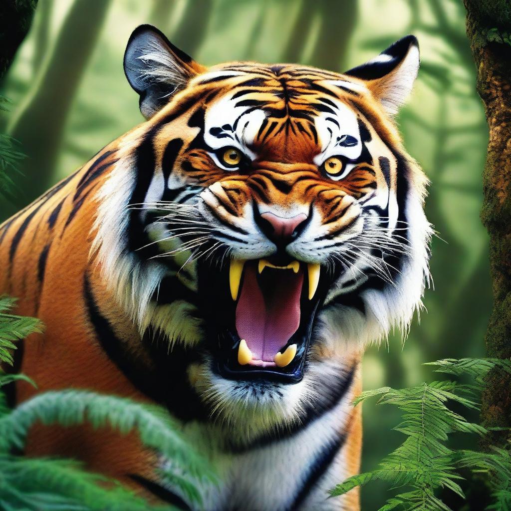 A hyper-realistic image of a ferocious tiger, transformed into a monstrous creature with spines, rampaging through a fantasy forest