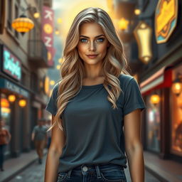 A beautiful 30-year-old aasimar woman in an urban fantasy setting, with wavy blonde hair cascading down her shoulders and striking dark blue eyes that shimmer with mystical energy