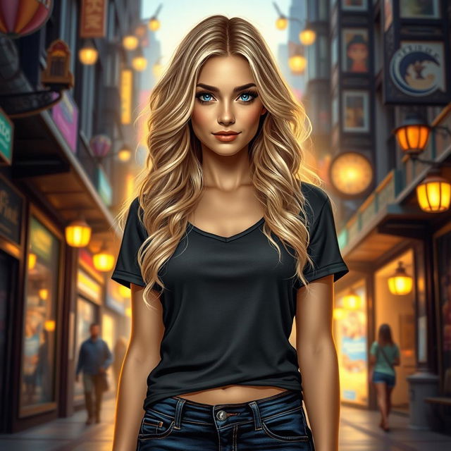 A beautiful 30-year-old aasimar woman in an urban fantasy setting, with wavy blonde hair cascading down her shoulders and striking dark blue eyes that shimmer with mystical energy