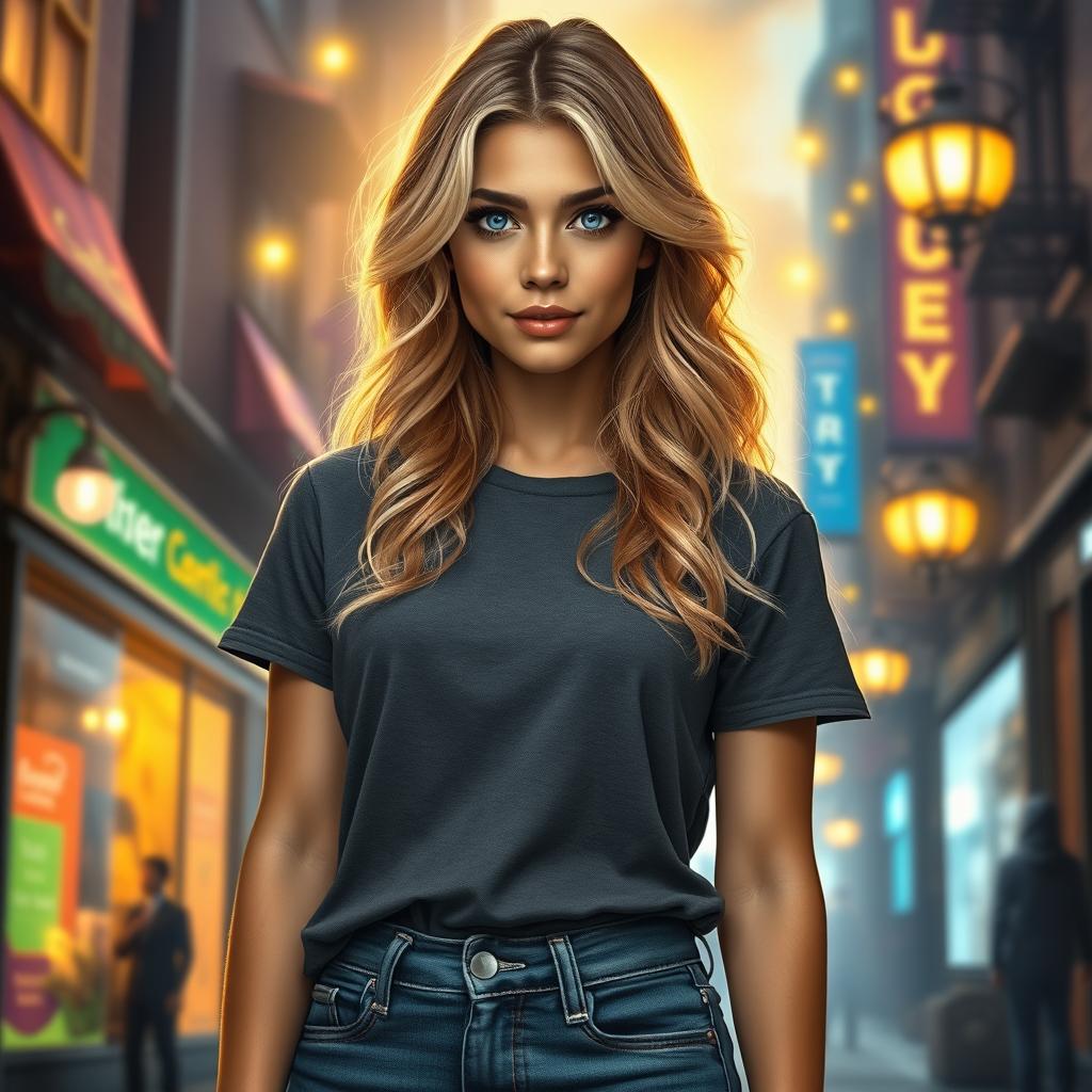 A beautiful 30-year-old aasimar woman in an urban fantasy setting, with wavy blonde hair cascading down her shoulders and striking dark blue eyes that shimmer with mystical energy