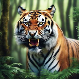 A hyper-realistic image of a ferocious tiger, transformed into a monstrous creature with spines, rampaging through a fantasy forest