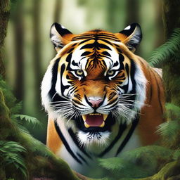 A hyper-realistic image of a ferocious tiger, transformed into a monstrous creature with spines, rampaging through a fantasy forest