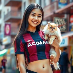 A stylish Asian girl wearing a fitted AC Milan crop top jersey, showcasing her belly button ring