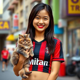 A stylish Asian girl wearing a fitted AC Milan crop top jersey, showcasing her belly button ring