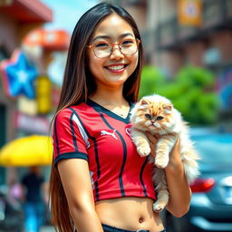 A stylish Asian girl wearing a fitted AC Milan crop top jersey, showcasing her belly button ring