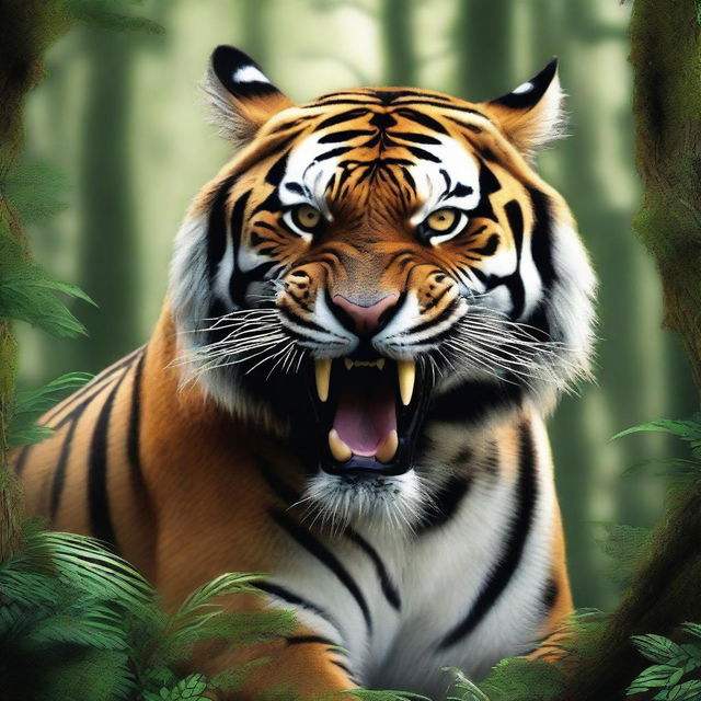 A hyper-realistic image of a ferocious tiger, transformed into a monstrous creature with spines, rampaging through a fantasy forest