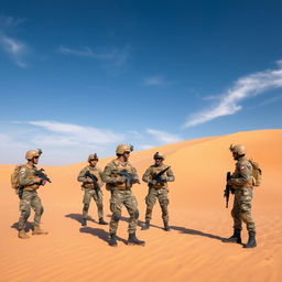 Six soldiers equipped with tactical gear, standing in a vast sandy desert landscape under the scorching sun